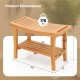 Teak shower stool with a slatted top, lower storage shelf, and non-slip footpads, measuring 30 x 14 x 20 inches.