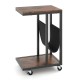 C-shaped side table with a brown wood top, metal frame, and canvas storage pouch, ideal for small spaces and mobility.