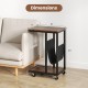 C-shaped side table with metal frame and canvas storage pouch, featuring dimensions for easy placement beside a couch.