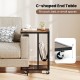 C-shaped end table with a brown metal frame and canvas storage pouch, perfect for small spaces and easy mobility.