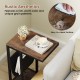 C-shaped side table with a brown finish, featuring a canvas storage pouch and easy-to-clean surface for rustic.