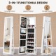 360° swivel jewelry armoire in white with full-length mirror, storage shelves, and organized jewelry space for bedrooms.