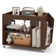 3-tier walnut side end table with universal wheels, featuring open compartments and a guardrail for organized storage.