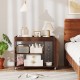 3-tier walnut side end table with wheels, featuring open compartments and a guardrail for organized storage.