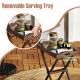 Solid teak wood tray table with removable tray top, featuring cut-out handles for easy transport, perfect for patio use.