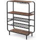 16-bottle wine rack in rustic brown with 5 tiers, glass holders, and sturdy metal frame for kitchen or home bar use.