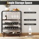 Rustic brown 16 bottle wine rack with 3 storage shelves and 3-row glass holders, ideal for kitchen or home bar use.