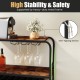 16-bottle wine rack with rustic brown finish, featuring glass holders and anti-tipping device for kitchen bar stability.
