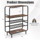 5-tier wine rack in rustic brown with space for 16 bottles and 12 glasses, ideal for kitchen or home bar use.