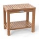 19-inch teak wood shower bench with slatted design, featuring a sturdy frame and 2-tier storage shelf for versatile use.