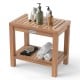 Teak wood shower bench with storage shelf, featuring a slatted design for drainage, ideal for bathroom or poolside use.