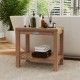 19-inch teak wood shower bench with storage shelf, featuring a slatted design for drainage, ideal for bathroom use.