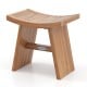 Teak wood shower bench with a curved seat, featuring sturdy legs and drainage gaps, perfect for bathroom or outdoor use.