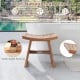 Curved 18-inch teak wood shower bench with smooth corners, waterproof finish, ideal for bathroom or outdoor use.