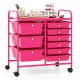 Colorful 9-drawer rolling storage cart in light pink with a sturdy metal frame, ideal for home or office organization.
