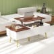 Lift top coffee table with walnut finish, featuring two hidden compartments and adjustable legs for convenient storage.