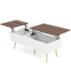 Coffee table with lift-top design and walnut finish, featuring two concealed compartments and elegant splayed legs.