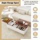 Lift top coffee table with walnut finish, featuring two hidden compartments for storage and splayed solid wood legs.