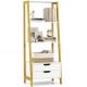 4-tier ladder shelf with white finish and yellow frame, featuring 2 drawers for storage and open display space.