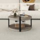 Round 34.5" gray rubber wood center table with spacious tabletop and lower storage shelf, perfect for living rooms.