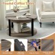 Round coffee table in gray with rubber wood frame, spacious tabletop, and lower storage shelf for versatile living room.