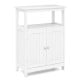 Freestanding white bathroom floor cabinet with open compartment, adjustable shelf, and two doors for versatile storage.