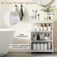 Freestanding white bathroom floor cabinet with open compartment, adjustable shelf, and ample storage for various items.