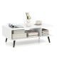 Mid Century Modern rectangle coffee table with white finish, 2 open compartments, and tapered metal legs for stylish.