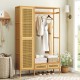 Bamboo clothing rack with cabinet, drawers, and hanging rod, featuring natural finish and ample storage for.