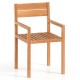 Teak wood armchair with armrests and slatted seat, perfect for outdoor patio dining and backyard relaxation.