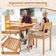 Teak wood armchair with curved backrest and wide sitting area, ideal for outdoor patio dining and relaxation.