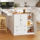 Freestanding white kitchen storage cabinet with 3 doors, 2 large drawers, and wood-like countertop for organized.