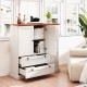 Freestanding white storage cabinet with wood-like countertop, featuring 3 doors and 2 large drawers for organized.