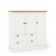 Freestanding white kitchen storage cabinet with three doors and two large drawers, featuring a wood-like countertop.