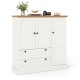 Freestanding white kitchen storage cabinet with three doors, two large drawers, and a wood-like textured countertop.