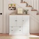 Freestanding white kitchen storage cabinet with 3 doors and 2 large drawers, featuring a wood-like textured countertop.