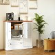 Freestanding white kitchen storage cabinet with 3 doors, 2 large drawers, and wood-like textured countertop for.