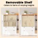 Freestanding storage cabinet with removable shelf, showcasing varying heights for organized kitchen or living room.