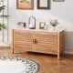 Acacia wood patio storage cabinet with faux marble top, featuring two doors and ample shelving for outdoor essentials.