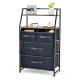 4-drawer free-standing storage dresser with rustic brown shelves, metal frame, and open storage for versatile home use.