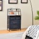 4-drawer free-standing storage dresser with rustic brown wood grain and metal frame, ideal for bedroom or living room.