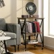 Vintage style rolling end table with three dividers for 250 albums, featuring a brown wood top and a sturdy steel frame.