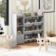 4-tier grey kids bookshelf with 8 toy organizer bins, ideal for storing toys and books in playrooms or bedrooms.