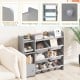 4-tier grey kids bookshelf with 8 removable toy bins, rounded corners, and raised edges for safe storage in playrooms.