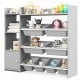 4-tier grey kids bookshelf and toy storage rack with 8 removable bins, ideal for organizing toys and books in playrooms.