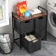 Laundry basket organizer with rustic brown top, showcasing three removable bags and a sturdy metal frame for durability.