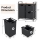 Laundry basket organizer with rustic brown shelf, featuring three removable bags and adjustable foot pads for stability.