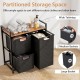 Laundry basket organizer with rustic brown shelf, featuring 3 removable bags for easy sorting and access to dirty.