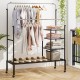 Rolling garment rack with adjustable double rods, storage shelves, and lockable wheels for versatile clothing.