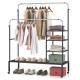 Rolling double rods garment rack in silver with adjustable bars, ideal for clothing storage and laundry organization.
